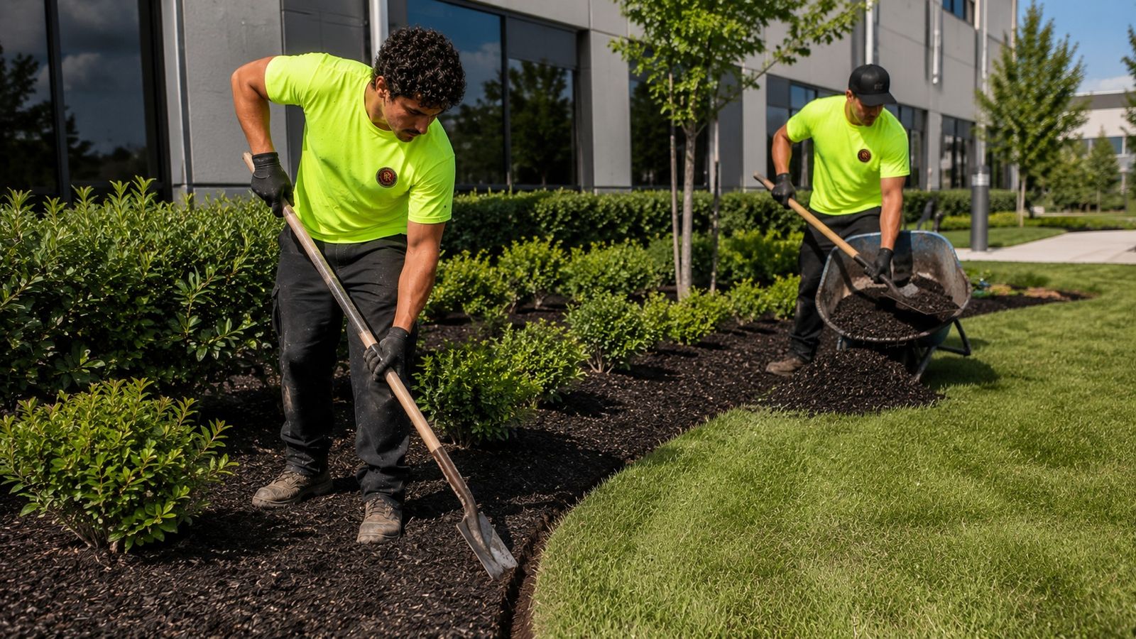 Crew edging a garden bed and spreading mulch