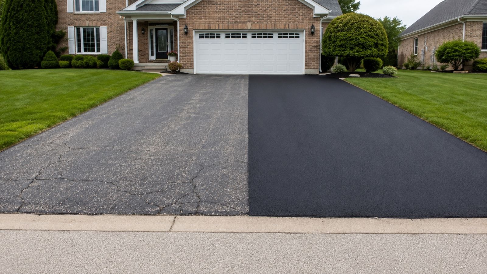 Driveway half faded and cracked, half freshly sealed jet black