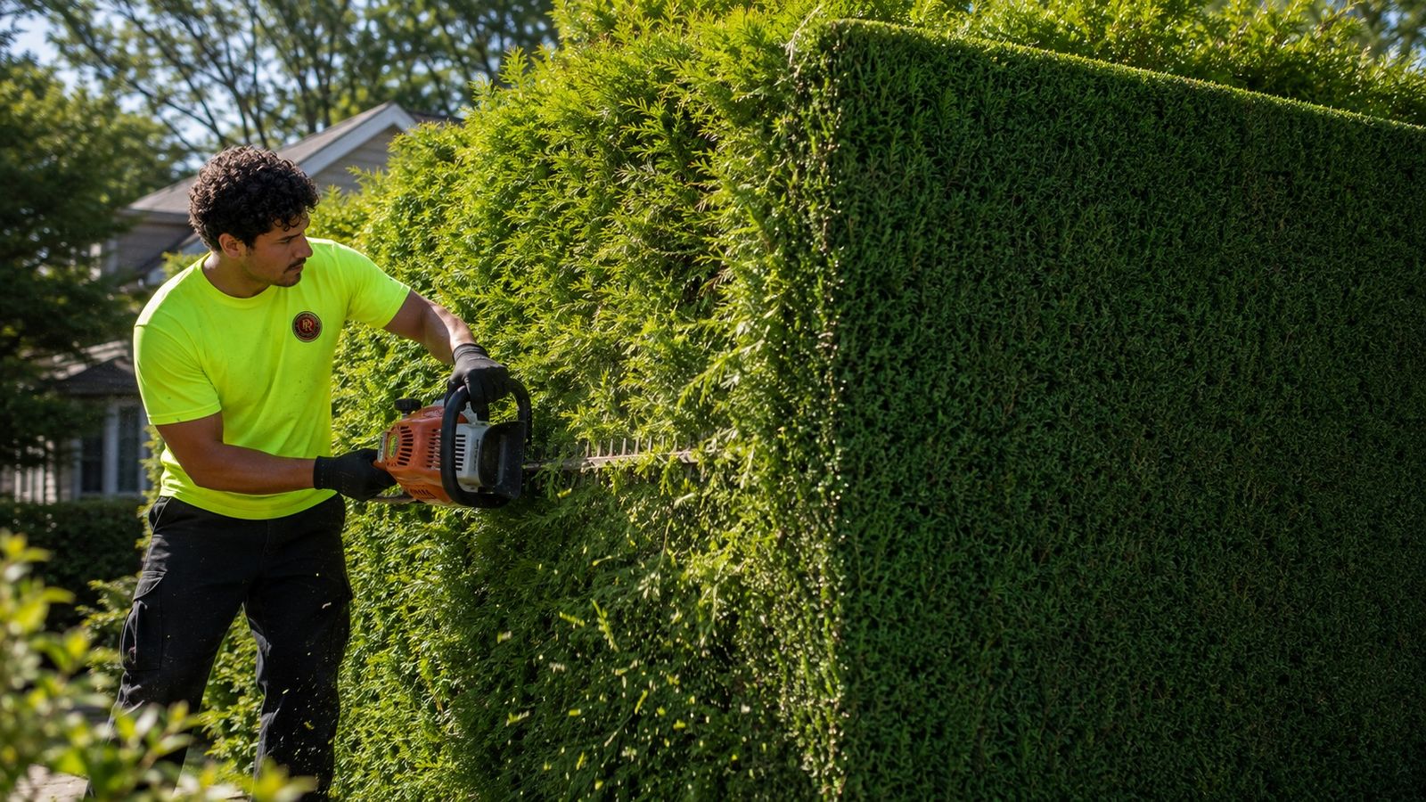 Worker squaring a cedar hedge