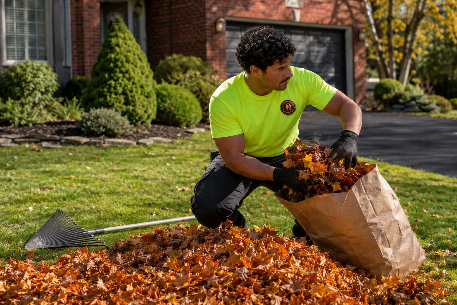 Crew member gathering fallen leaves on a property