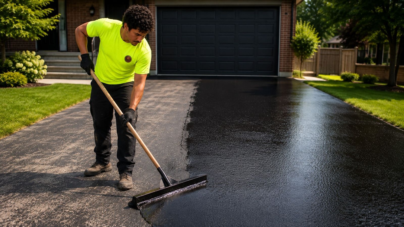 Crew sealcoating a residential driveway
