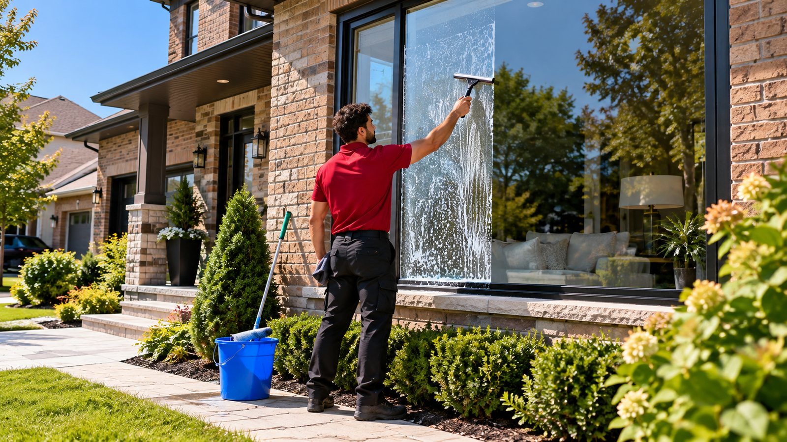 Window cleaner squeegeeing a large residential picture window