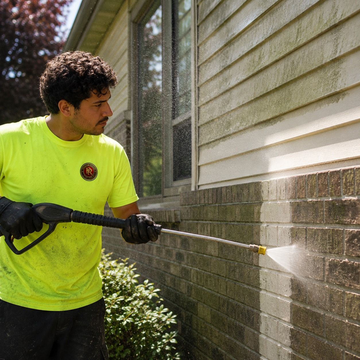 Power washing cutting a clean stripe through grime